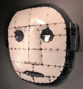  Product image 2 of the product “Large Mask  - Modell 8, 115cm height, original color outside. Sculpture from upcyceled oil barrel. ”