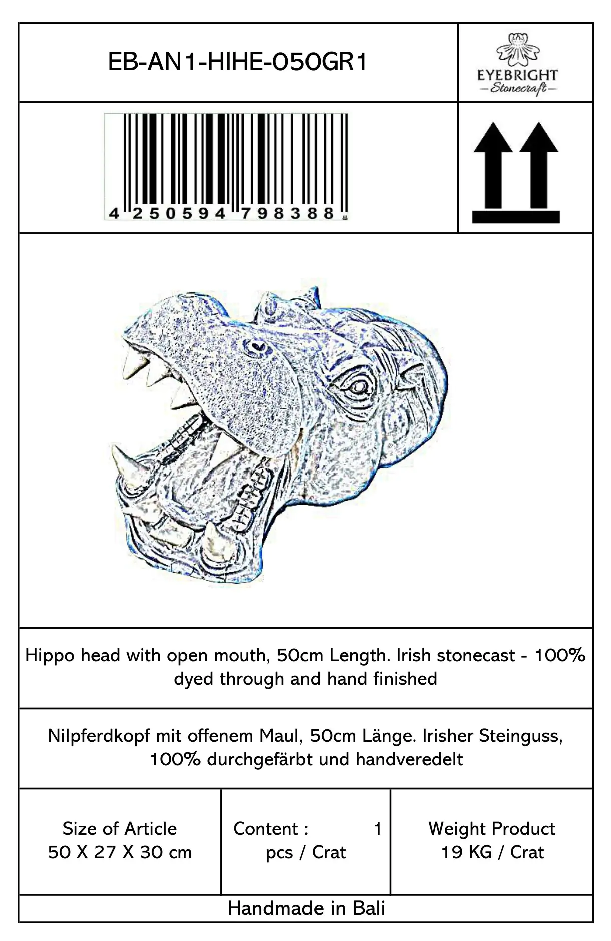 Product image 4 of the product “Zuberi - Hippopotamus head with open mouth, 50cm L | cast stone ”